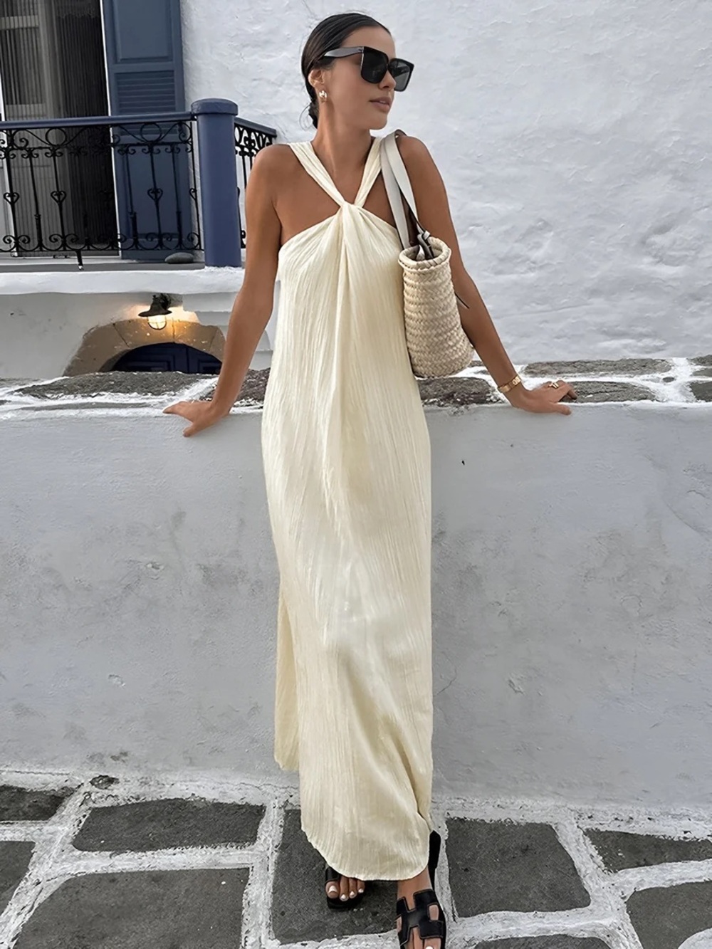 Commense Creamy Halter Long Dress